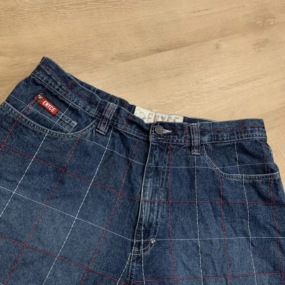 Vintage Y2K Enyce Jean Shorts Jorts Men's Size 36 Plaid Windowpane Dark Denim